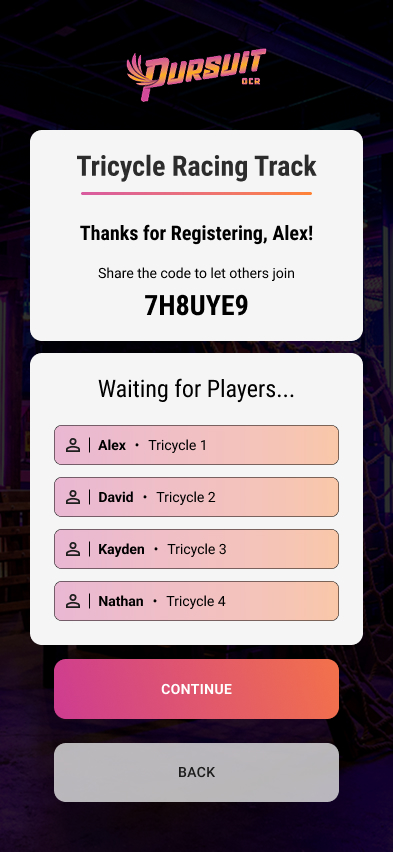 Admin access code and lobby with live roster