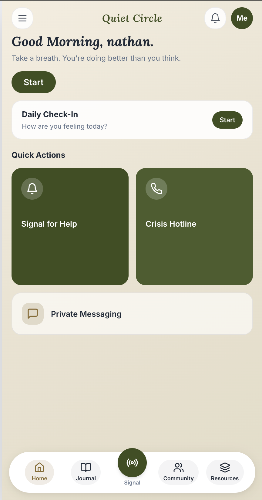 AI-prototyped home screen with personalized greeting and Quick Actions