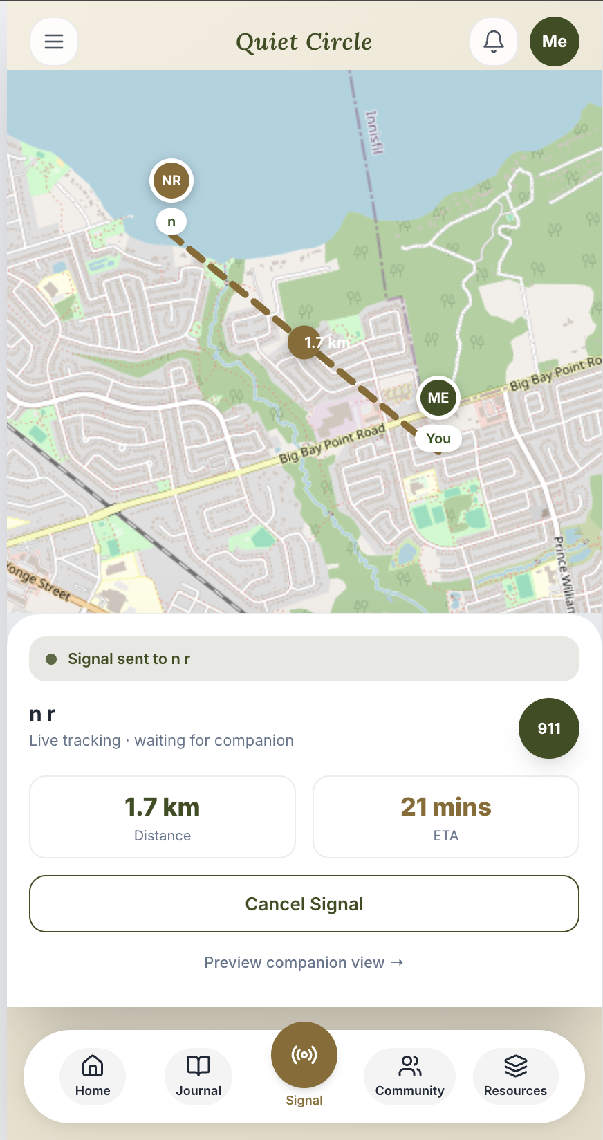 AI-prototyped live Signal tracking screen with a real map, distance, and ETA
