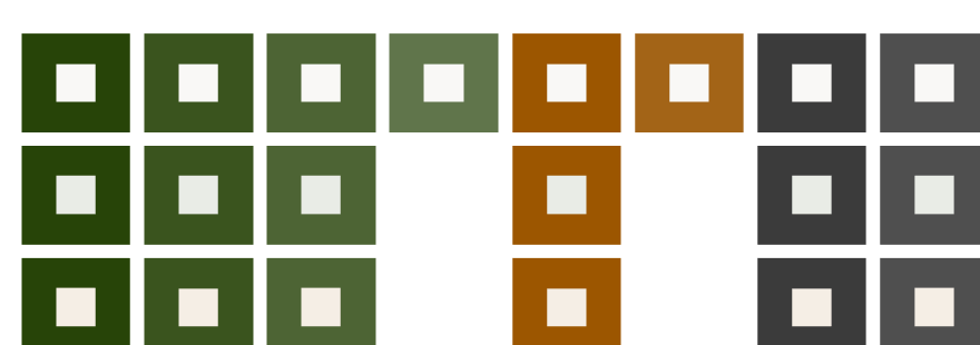 A sample of Quiet Circle's tested background and text colour pairings, each meeting WCAG AA+ contrast