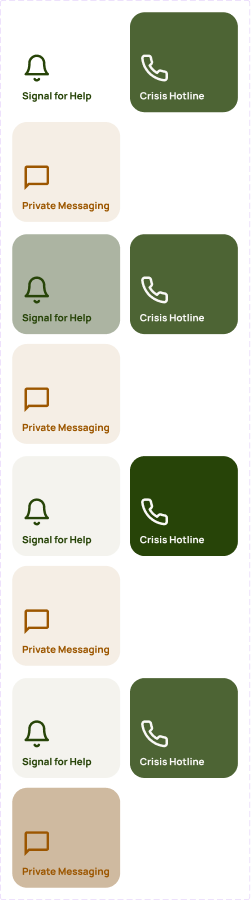 Quiet Circle quick-action tile component in default, hover, pressed, focused, and disabled states