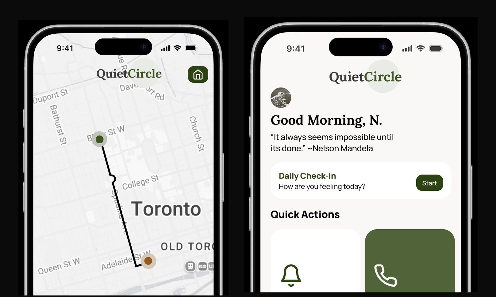 Quiet Circle app screens: Live Signal location tracking and the home screen with Quick Actions