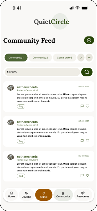 Mid-fidelity Community Feed screen