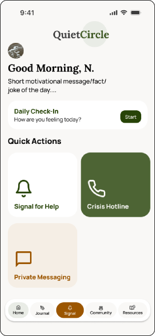 Mid-fidelity Home screen with Quiet Circle branding