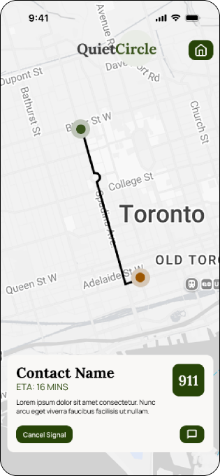 Mid-fidelity Signal screen showing live location and contact