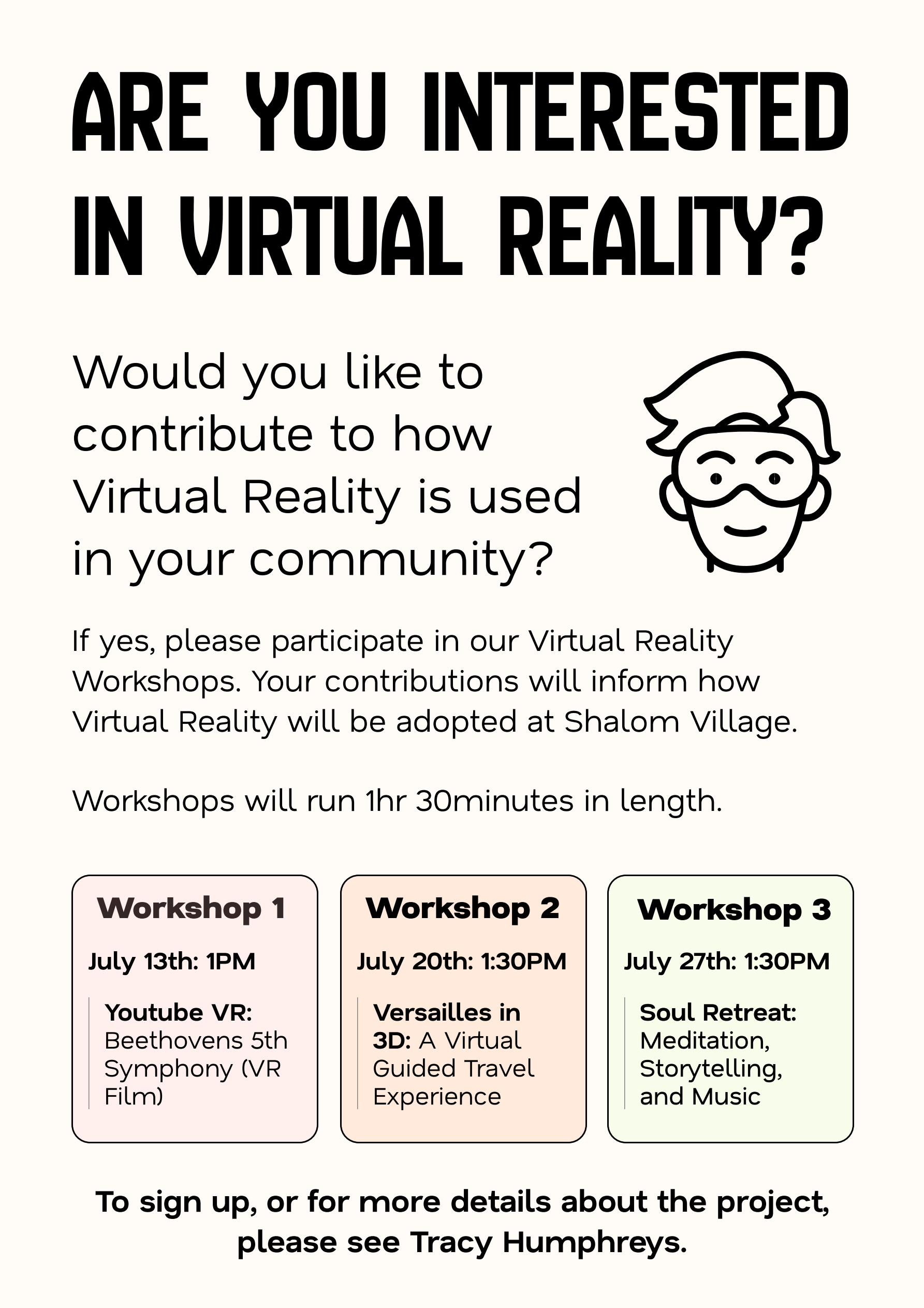 Shalom Village VR workshop recruitment poster listing three weekly sessions